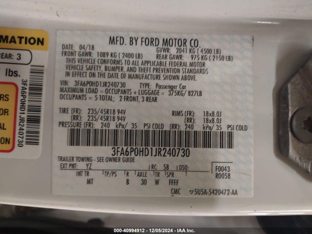 Ford FUSION SE 2018 3FA6P0HD1JR240730 Image 9