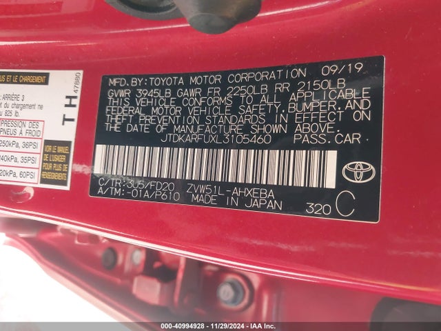 Toyota Prius Le 2020 JTDKARFUXL3105460 Image 9