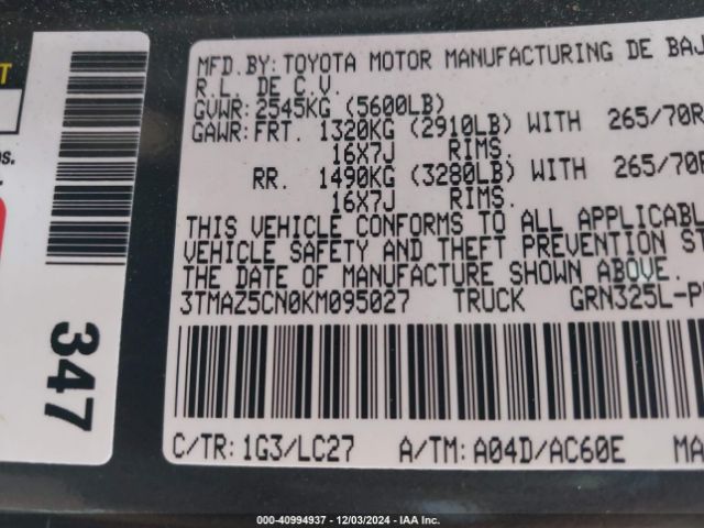 3TMAZ5CN0KM095027 Toyota Tacoma Trd Off Road