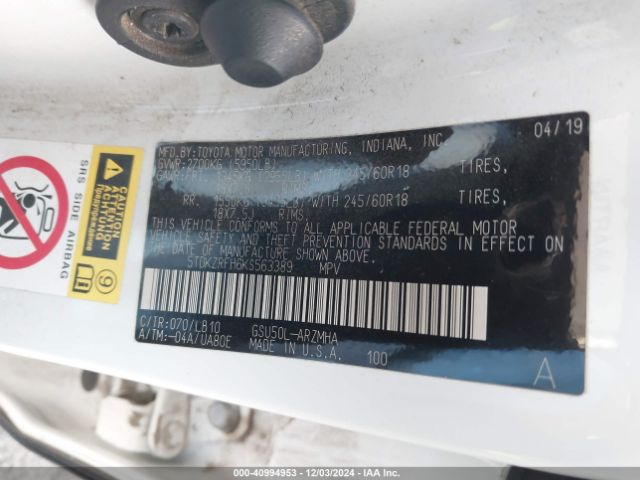 5TDKZRFH6KS563389 Toyota Highlander Xle