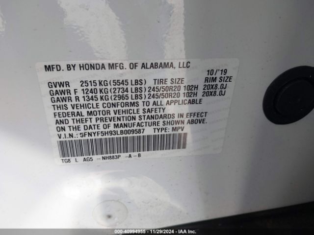 5FNYF5H93LB009587 Honda Pilot 2wd Touring 8 Passenger
