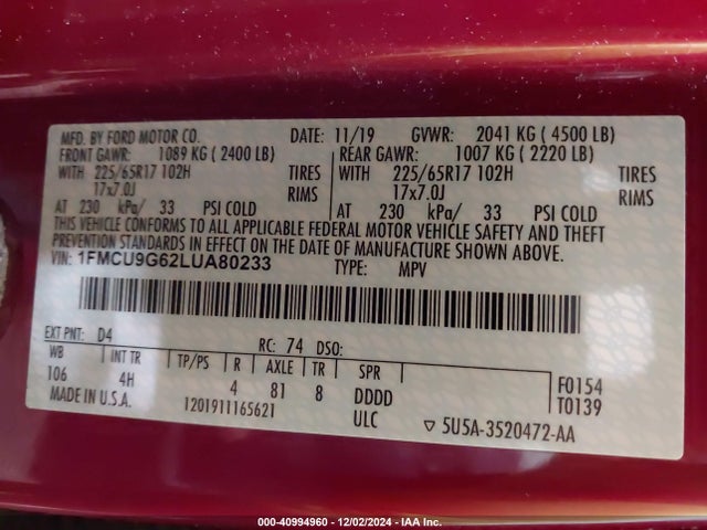Ford ESCAPE SE 2020 1FMCU9G62LUA80233 Image 9