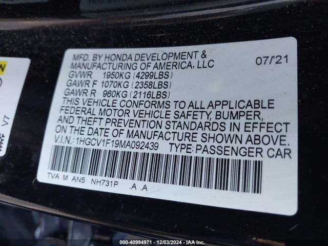 Honda ACCORD LX 2021 1HGCV1F19MA092439 Image 9