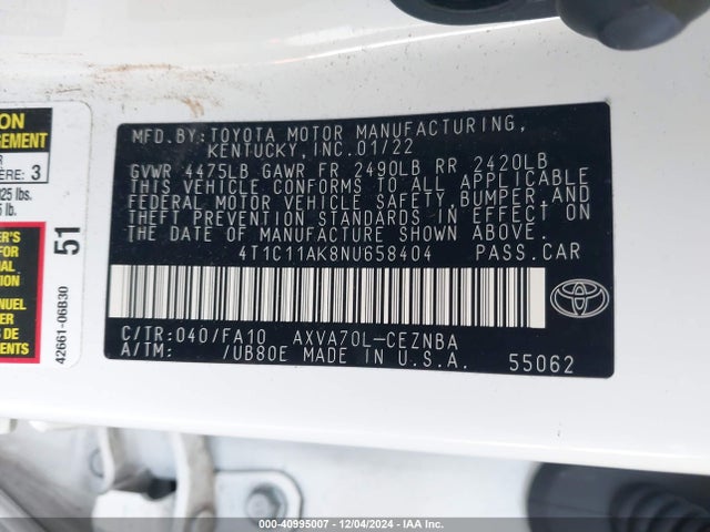 4T1C11AK8NU658404 Toyota CAMRY LE