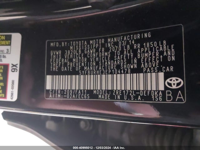 Toyota COROLLA L 2014 5YFBURHE3EP104478 Image 9