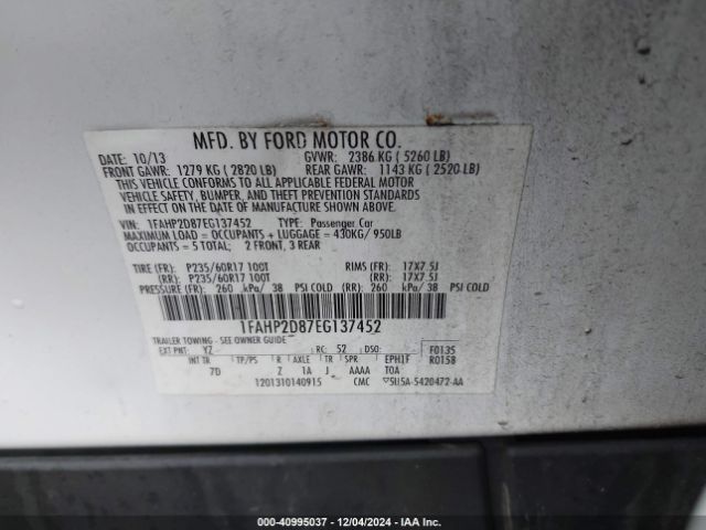 1FAHP2D87EG137452 Ford TAURUS SE