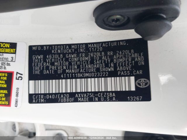4T1T11BK9MU023222 Toyota Camry Se Awd