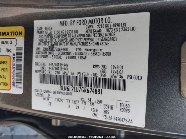 3LN6L2LU7GR624881 Lincoln MKZ HYBRID