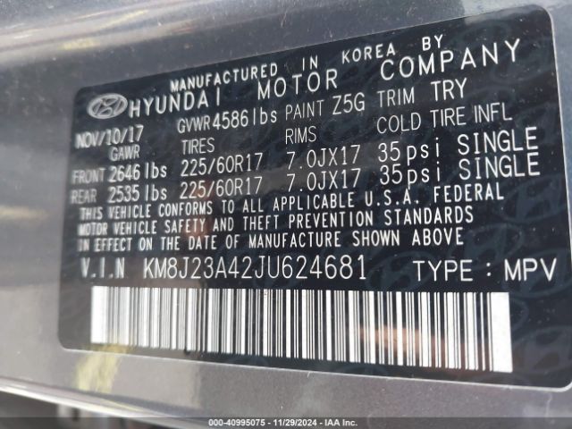 2018 HYUNDAI TUCSON KM8J23A42JU624681 Photo 8