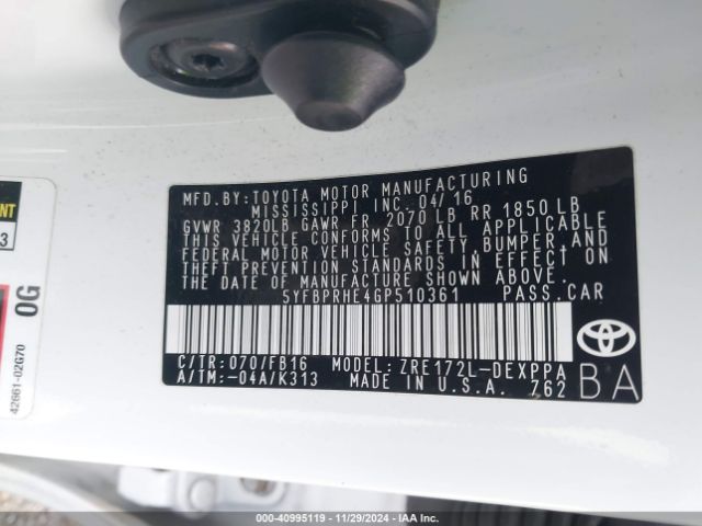 5YFBPRHE4GP510361 Toyota Corolla Le Plus
