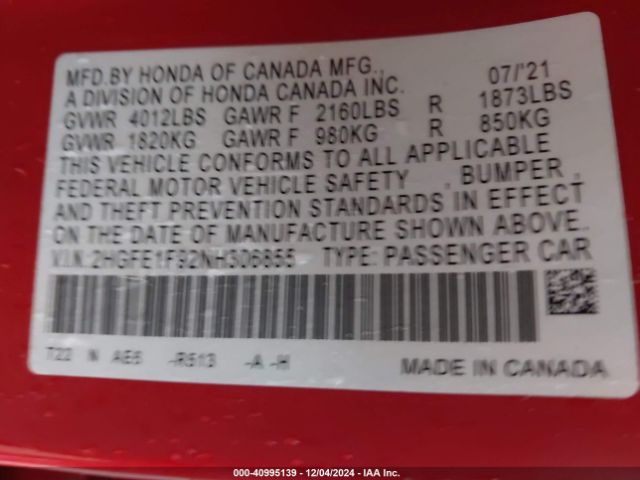2HGFE1F92NH306855 Honda Civic Touring
