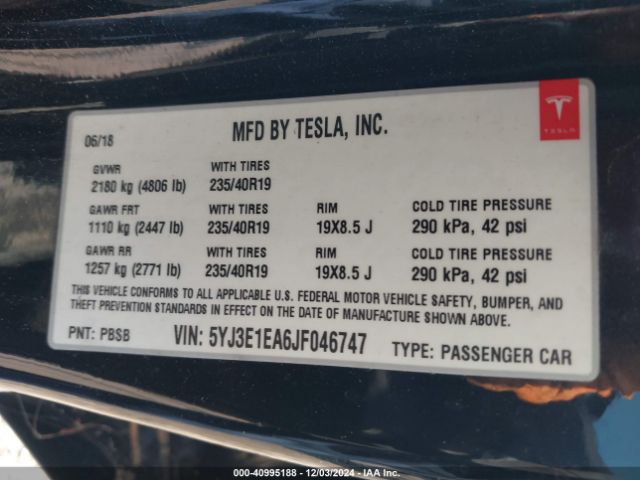 5YJ3E1EA6JF046747 Tesla Model 3 Long Range/mid Range