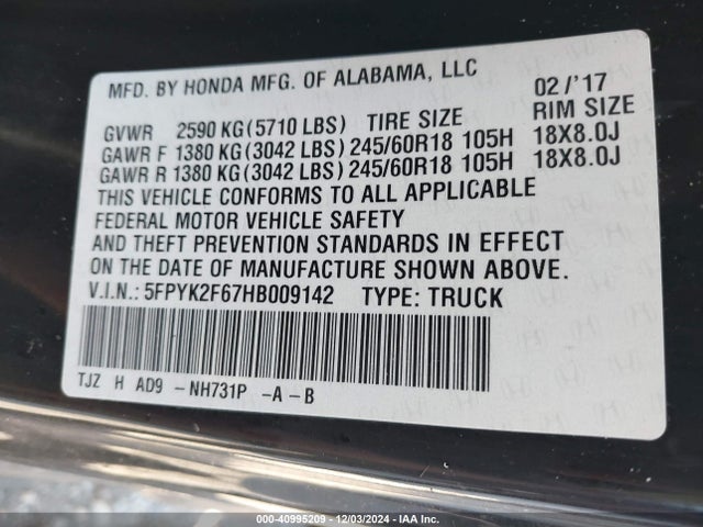 Honda Ridgeline Rtl-t 2017 5FPYK2F67HB009142 Image 9