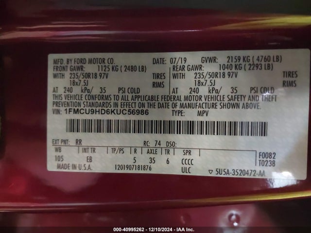 1FMCU9HD6KUC56986 Ford ESCAPE SEL