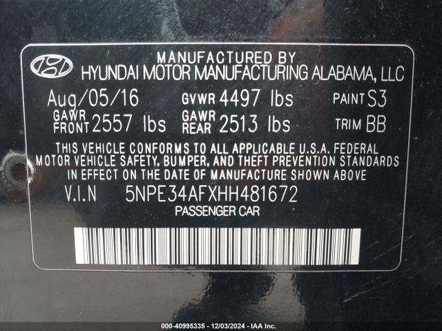 Hyundai Sonata Limited 2017 5NPE34AFXHH481672 Image 9