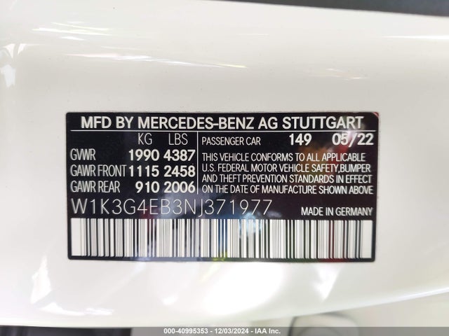 W1K3G4EB3NJ371977 Mercedes-Benz A 220