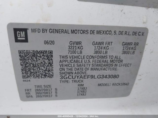 3GCUYAEF9LG343080 Chevrolet Silverado 1500 4wd  Short Bed Wt