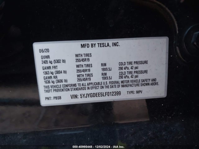 2020 TESLA MODEL Y 5YJYGDEE5LF012399 Photo 8