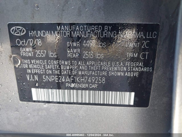 5NPE24AF1KH749258 Hyundai SONATA SE