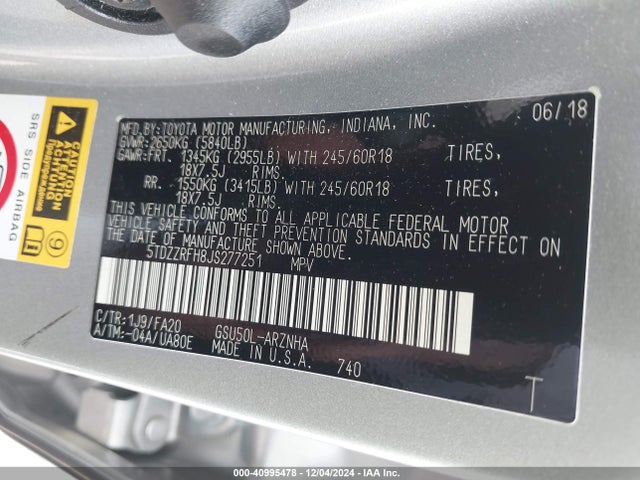 5TDZZRFH8JS277251 Toyota Highlander Le/le Plus