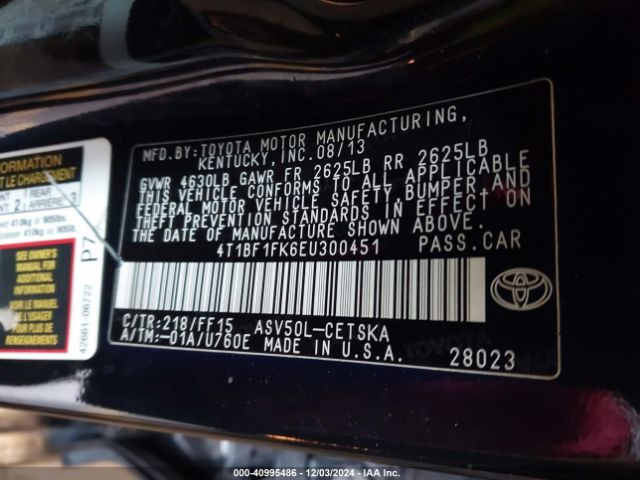 4T1BF1FK6EU300451 Toyota CAMRY SE