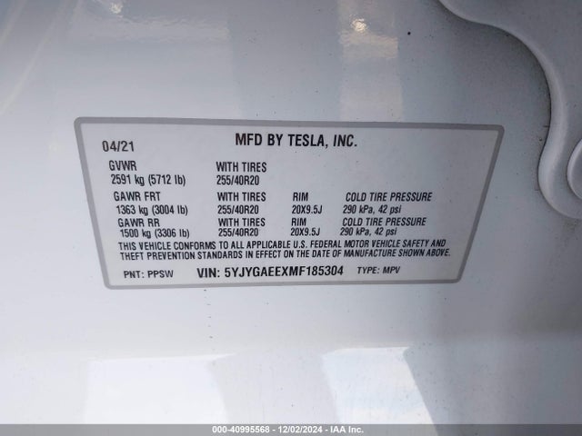 2021 TESLA MODEL Y 5YJYGAEEXMF185304 Photo 8