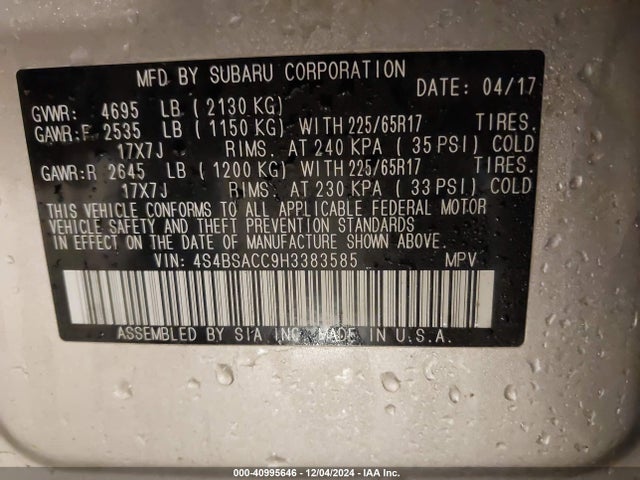 4S4BSACC9H3383585 Subaru Outback 2.5i Premium