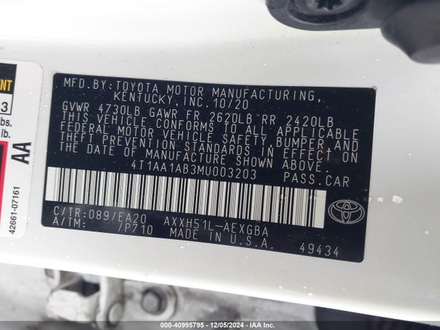 4T1AA1AB3MU003203 Toyota Avalon Xle Hybrid