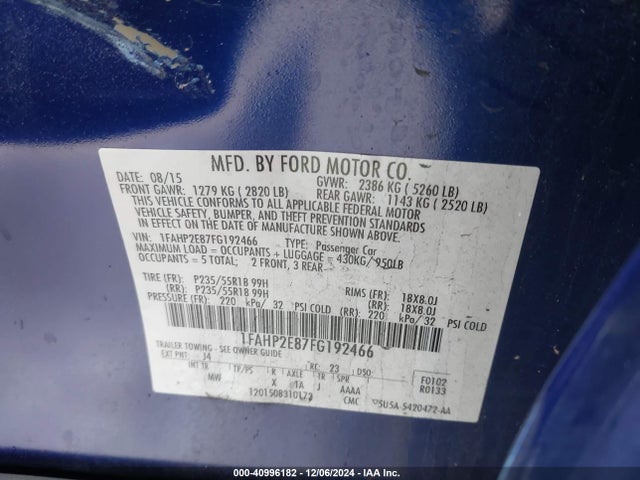 Ford TAURUS SEL 2015 1FAHP2E87FG192466 Image 9