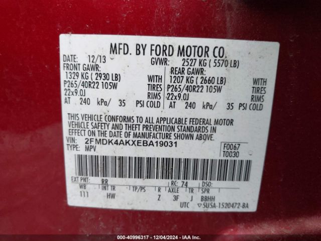 2FMDK4AKXEBA19031 Ford EDGE SPORT