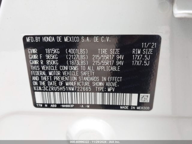 3CZRU5H51NM722665 Honda Hr-v 2wd Ex