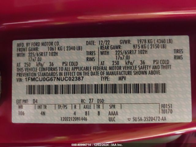 1FMCU0G67NUC02387 Ford ESCAPE SE