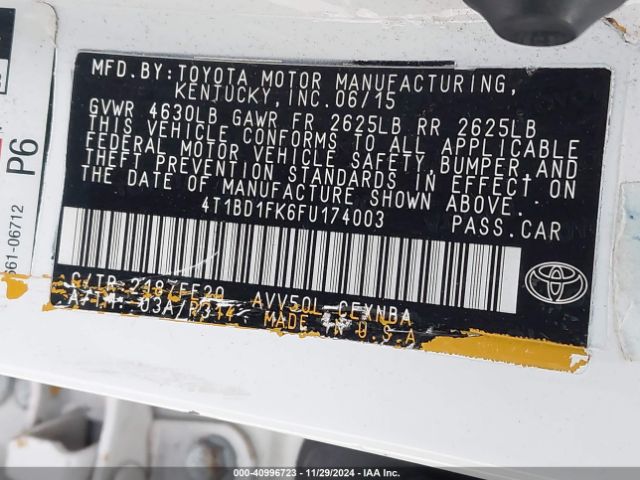 4T1BD1FK6FU174003 Toyota Camry Hybrid Le