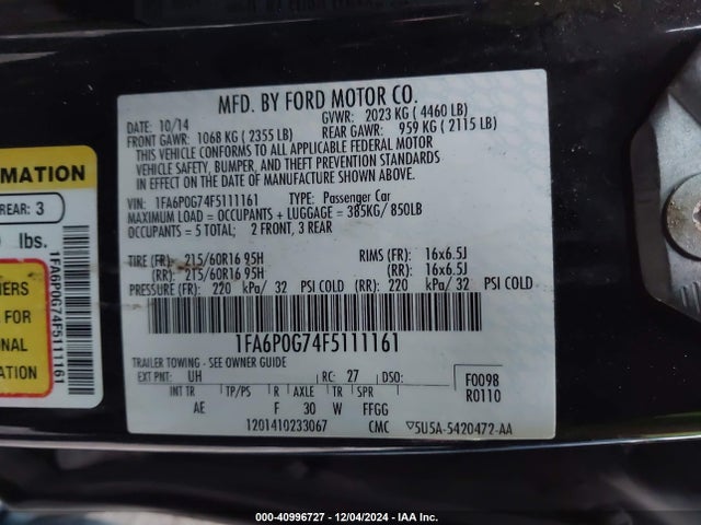 Ford FUSION S 2015 1FA6P0G74F5111161 Image 9
