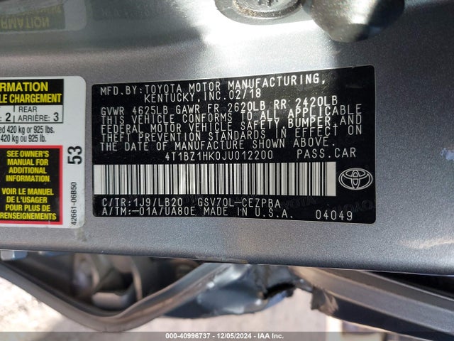 4T1BZ1HK0JU012200 Toyota Camry Xse V6