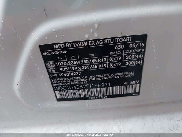 WDCTG4EB2FJ158931 Mercedes-Benz GLA 250