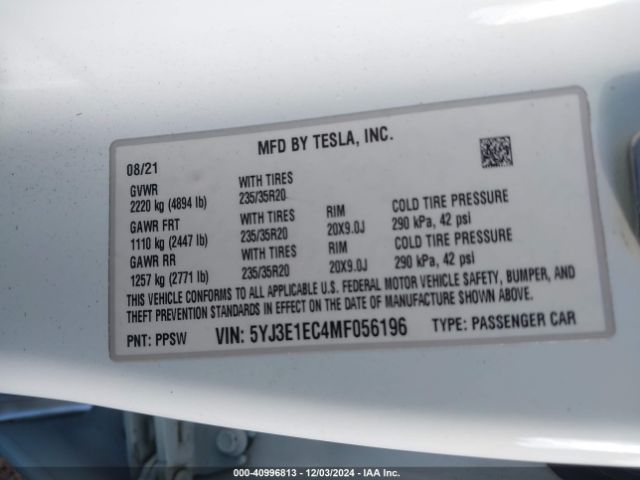 5YJ3E1EC4MF056196 Tesla Model 3 Performance Dual Motor All-wheel Drive