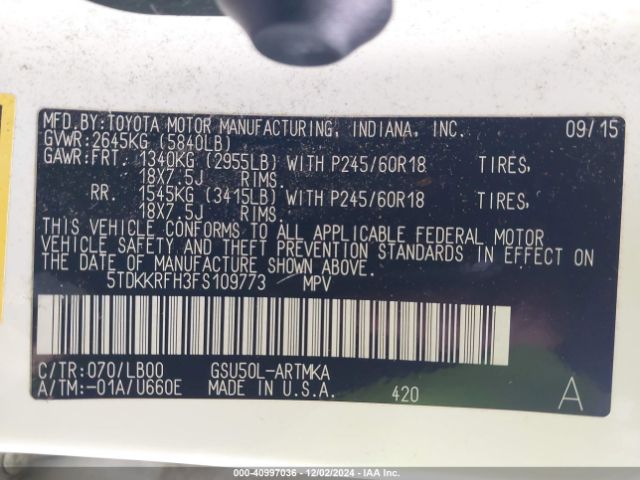5TDKKRFH3FS109773 Toyota Highlander Xle V6
