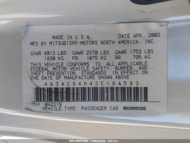 2003 MITSUBISHI ECLIPSE 4A3AC84H43E184583 Photo 8