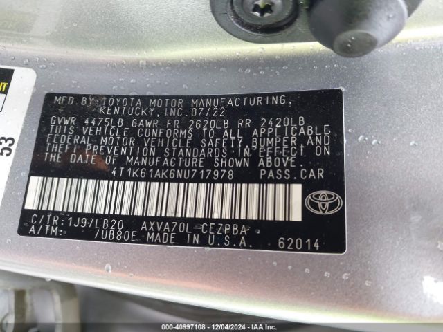 4T1K61AK6NU717978 Toyota CAMRY XSE