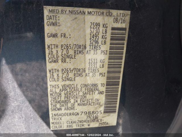 1N6AD0ER4GN798805 Nissan Frontier Sv