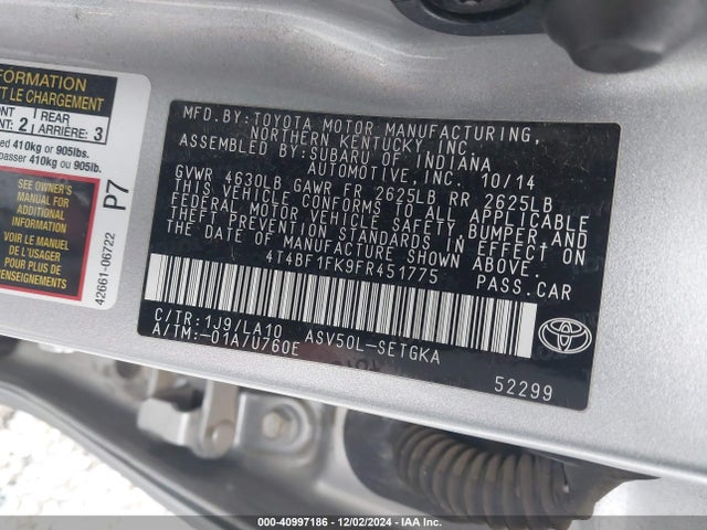 Toyota CAMRY XLE 2015 4T4BF1FK9FR451775 Image 9