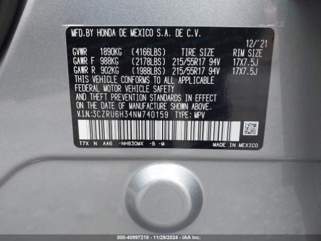 3CZRU6H34NM740159 Honda Hr-v Awd Lx