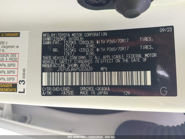 JTEFU5JR6P5303639 Toyota 4runner Sr5 Premium