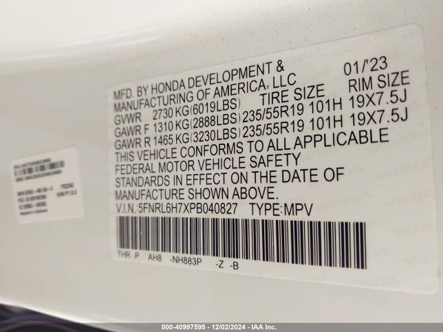 5FNRL6H7XPB040827 Honda Odyssey Sport