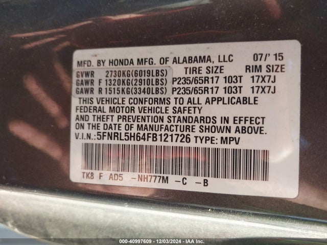 Honda Odyssey Ex-l 2015 5FNRL5H64FB121726 Image 9
