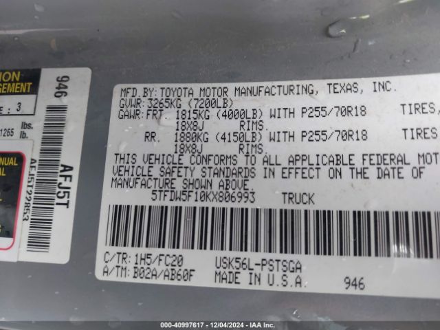 5TFDW5F10KX806993 Toyota Tundra Sr5 5.7l V8