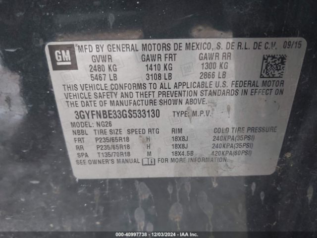 3GYFNBE33GS533130 Cadillac Srx Luxury Collection