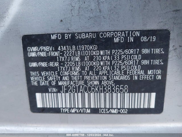 Subaru Crosstrek 2.0i Premium 2019 JF2GTACC6KH383658 Image 9