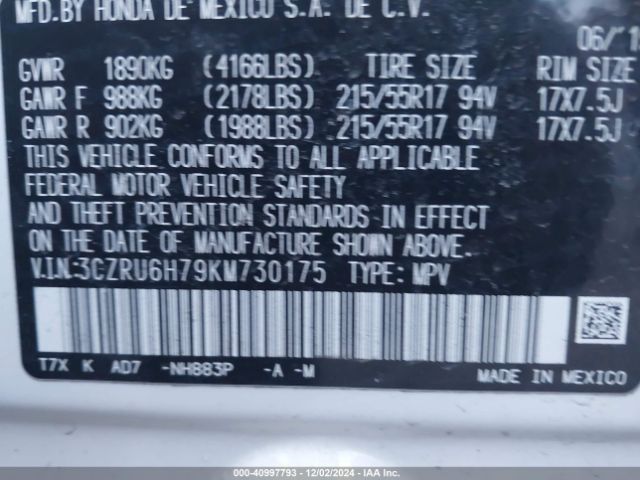 3CZRU6H79KM730175 Honda Hr-v Ex-l